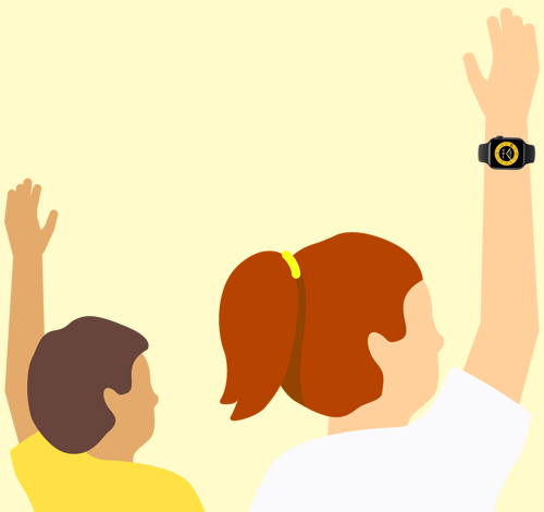 Two students from behind with their arms raised in class, one of them is wearing an Apple Watch