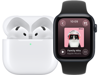 AirPods in MagSafe Charging Case, open, rounded corners, green charge indicator light, Apple Watch SE 3, aluminium case, midnight colour, Apple Music app, playlist cover art, Sport Band, black colour