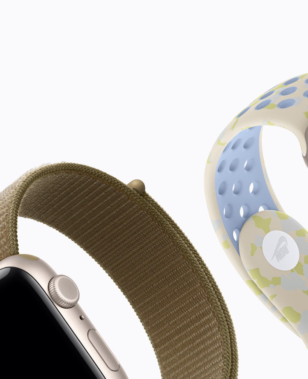 Apple Watch SE 3, aluminium case, starlight colour, neon yellow Sport Loop, alpenglow pink Nike Sport Band