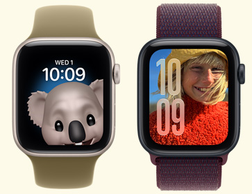 Fun and funny watch faces, Face 1: Koala Memoji, time centred at top of screen, Face 2: Photos, time in top-right corner
