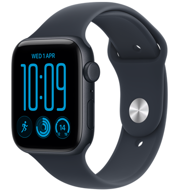 Apple Watch SE 3, aluminium case, midnight colour, right side exterior, Digital Crown, microphone, side button, Sport Band, black colour, pin-and-tuck closure (silver colour pin)