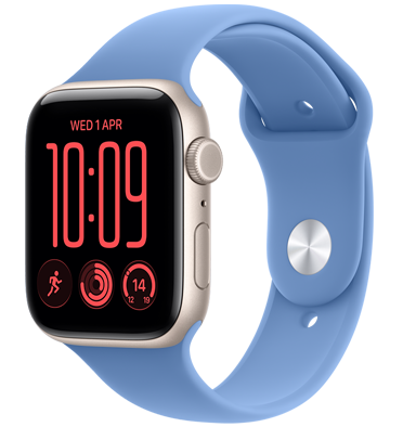 Apple Watch SE 3, aluminium case, starlight colour, right side exterior, Digital Crown dial, microphone, side button, connected to Sport Band, wildflower blue colour (powder blue), pin-and-tuck closure (silver pin)