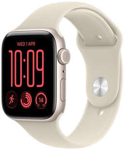 Apple Watch SE 3, aluminium case, starlight colour, right side exterior, Digital Crown dial, microphone, side button, connected to Sport Band, sand colour (pale tan), pin-and-tuck closure (silver pin)