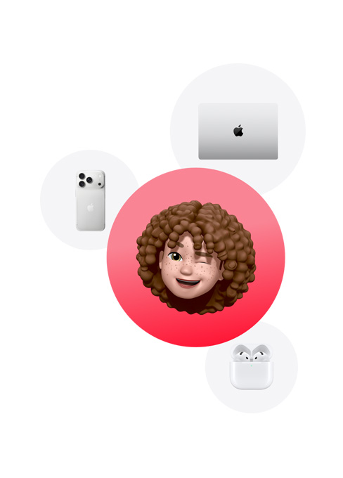 An iPhone 17 Pro in Silver colour, a MacBook in Silver colour, and AirPods Pro 3 surrounding a Memoji of a person winking