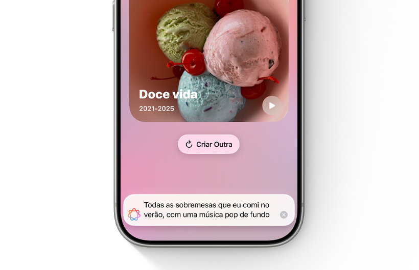 Capa de uma nova memória personalizada gerada com base na descrição inserida no campo de texto do app Fotos.