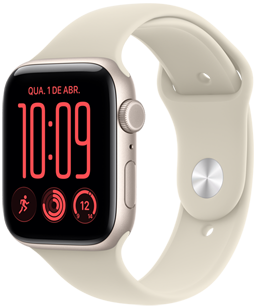 Apple Watch SE 3 com caixa estelar de alumínio e pulseira esportiva areia (bege-clara) com fecho em forma de pino (pino prateado), Digital Crown, microfone e botão lateral no lado direito