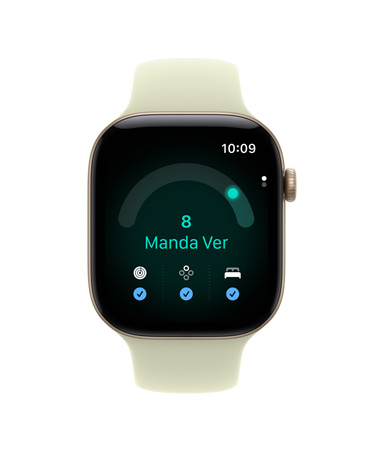 Apple Watch Series 12 com caixa dourada-clara de alumínio, app Preparar com pontuação de Prontidão 8, pulseira esportiva suculenta-pálida (verde-amarelado-clara)