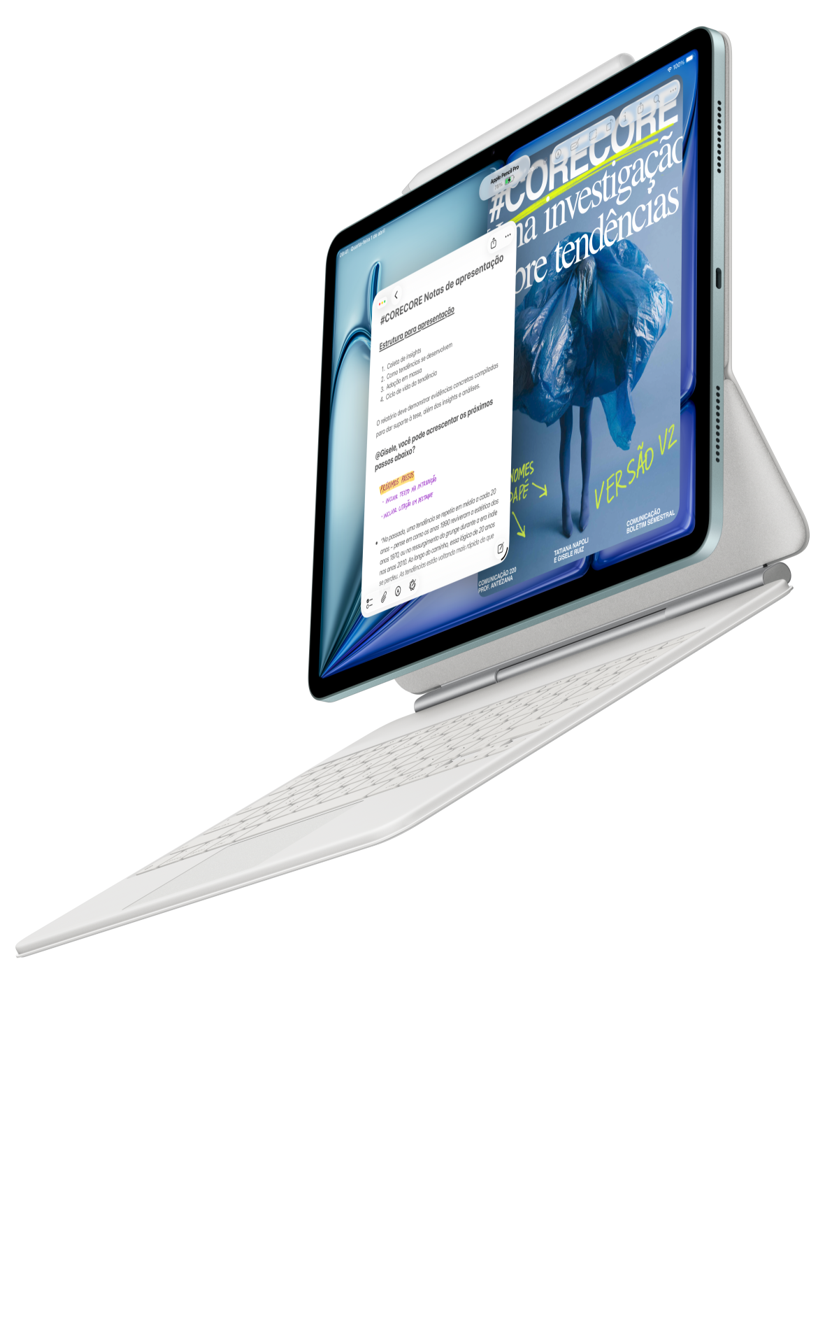 iPad Air se fixando a um Magic Keyboard para iPad Air e um Apple Pencil Pro.