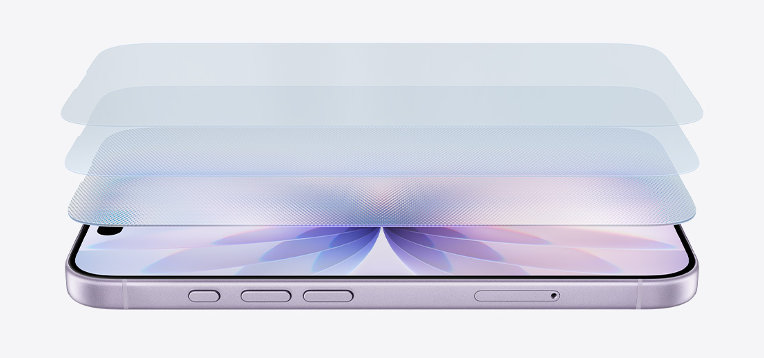 Imagem horizontal do iPhone 17 lavanda, com design em camadas que mostra o Ceramic Shield 2