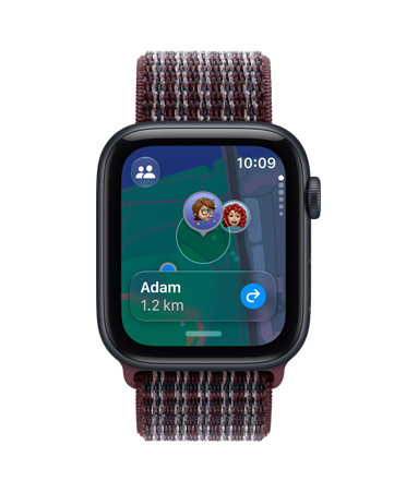 Apple Watch SE 3, aluminum case, midnight colour, screen shows Find My app (memojis on a map background), right side exterior, Digital Crown dial, Sport Loop band, burgundy plaid colour