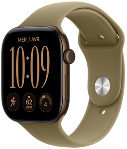 Apple Watch Series 12, boîtier en aluminium, couleur bronze foncé, côté droit, couronne Digital Crown, microphone, bouton latéral, fixée à un bracelet sport, couleur olive (vert terreux), fermoir à clou et passant (clou argent)