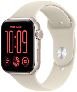 Apple Watch S E 3, boîtier en aluminium, couleur comète, côté droit, couronne Digital Crown, microphone, bouton latéral, fixée à un bracelet sport, couleur sable (brun pâle), fermoir à clou et passant (clou argent)