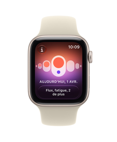 Apple Watch S E 3, boîtier en aluminium, couleur comète, écran affichant le suivi de la santé (suivi du cycle), côté droit, couronne Digital Crown, bracelet sport, couleur sable (brun pâle)
