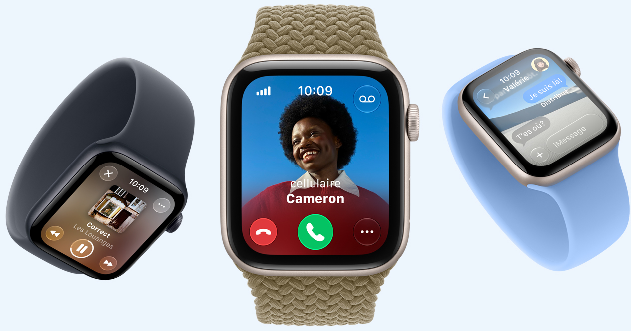 Des Apple Watch S E 3, boîtiers en aluminium, couleurs comète et minuit, écrans affichant Apple Music, appel entrant, Messages, bracelets : bracelet solo, couleurs bleu marine et bleu campanule, bracelet solo tressé, couleur olive (vert terreux)