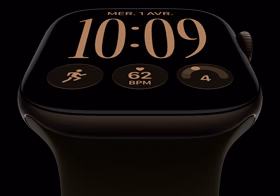 Apple Watch Series 12, aluminum case, dark bronze color, Modular watch face, complications: day and date, Workouts, Activity rings, Apple Music, right side exterior, Digital Crown, Sport Band, olive color