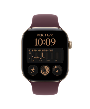 Apple Watch Series 12, boîtier en aluminium, couleur or clair, app Fréquence cardiaque, variabilité de la fréquence cardiaque moyenne de 72 millisecondes, bracelet sport, couleur bourgogne