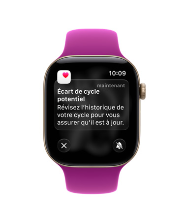 Apple Watch Series 12, boîtier en aluminium, couleur or clair, notification indiquant un écart de cycle potentiel, bracelet sport, couleur magenta