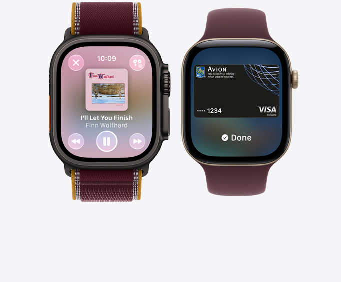 Apple Watch Ultra 4, titanium case, black colour, Apple Music app, now playing screen, Trail Loop band, burgundy colour; Apple Watch Series 12, aluminum case, light gold colour, Apple Pay screen, Apple Card, Sport Loop band, burgundy colour