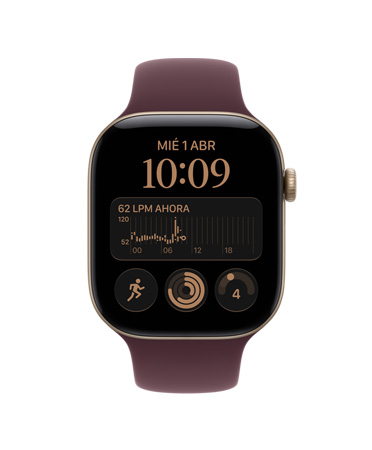 Apple Watch Series 12, caja de aluminio, color oro claro, app Frecuencia Cardiaca, VFC promedio de 72 ms, correa deportiva, color borgoña