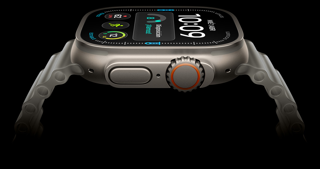 Apple Watch Ultra 4, vista lateral, caja de titanio, color plata, pantalla de hora digital, datos de salud y fitness, botón lateral Digital Crown naranja