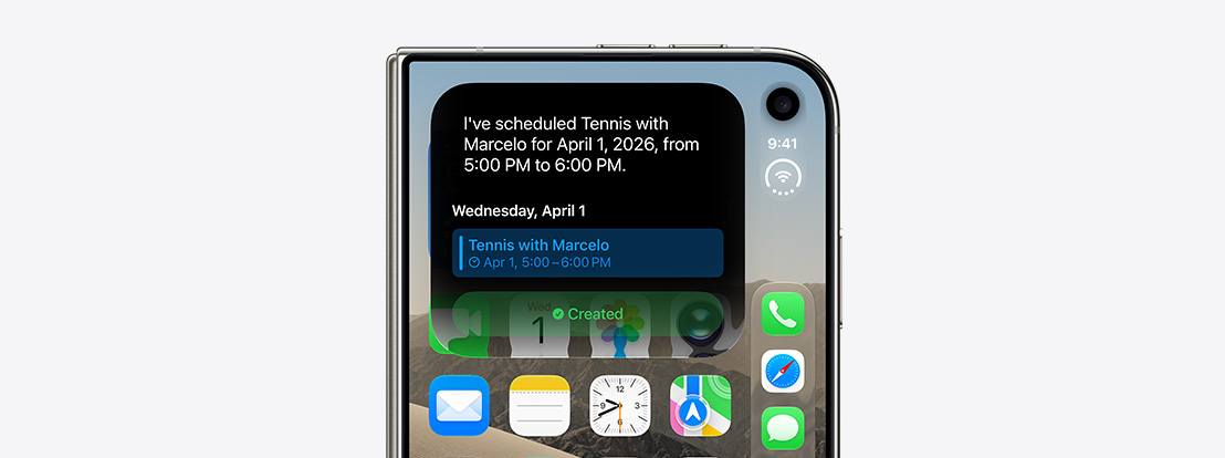 iPhone Duo, cerrado, notificación de Siri que muestra una actualización del calendario en la pantalla exterior