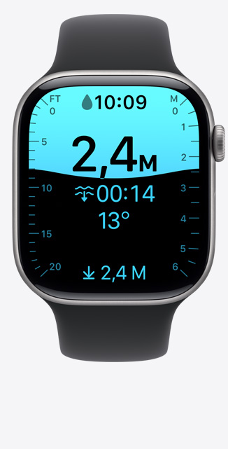Apple Watch Series 11, caja de aluminio, gris espacial, pantalla de la app Profundidad, inmersión a 2,4 metros