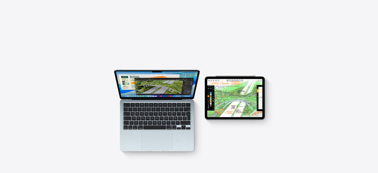Un Mac y un iPad, en pantalla se muestran trabajos de cursos universitarios en varias apps