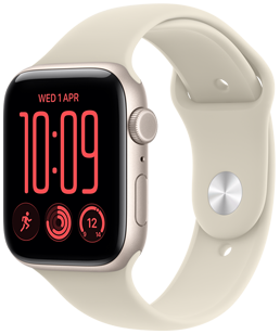 Apple Watch SE 3, pouzdro z hvězdně bílého hliníku, modulární ciferník, komplikace: den a datum, Cvičení, kroužky Aktivity, teplota, na pravém boku korunka Digital Crown, boční tlačítko, pískový sportovní řemínek