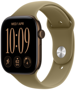 Apple Watch Series 12, pouzdro z tmavě bronzového hliníku, ciferník s digitálními hodinami, komplikace: den a datum, Cvičení, tepová frekvence, připravenost, olivový sportovní řemínek