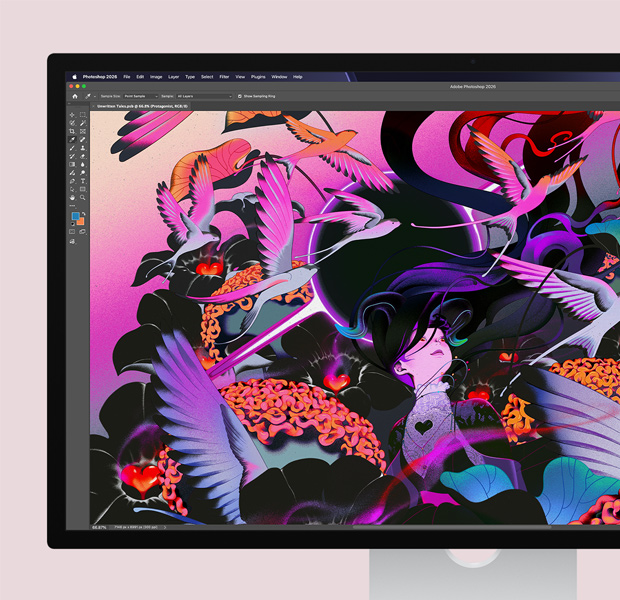 Studio Display, software Adobe Photoshop na úpravy grafických materiálů, na obrazovce je abstraktní obrázek