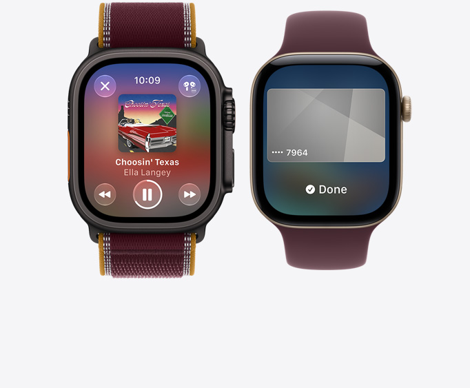 Apple&nbsp;Watch Ultra&nbsp;4, pouzdro z&nbsp;černého titanu, aplikace Hudba, obrazovka Právě hraje, burgundsky červený Trailový tah, Apple&nbsp;Watch Series&nbsp;12, pouzdro ze světle zlatého hliníku, na obrazovce Peněženka, burgundsky červený provlékací sportovní řemínek