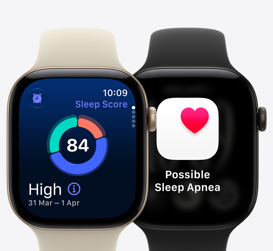 Různé Apple Watch Series 12, obrazovka spánkového skóre, obrazovka upozornění na možnou spánkovou apnoi