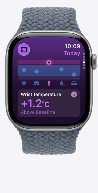 Apple Watch Series 12, pouzdro z černého hliníku, aplikace Životní funkce, graf se zdravotními údaji, aktuální počet úderů srdce za minutu, údaje zaznamenané přes den ukazují na mírné odchylky životních funkcí, námořnicky modrý pletený navlékací řemínek
