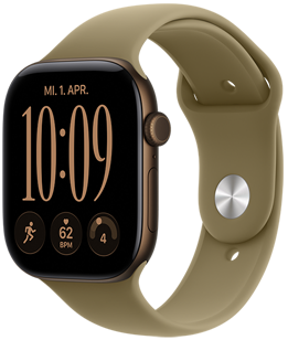 Apple Watch Series 12, Aluminiumgehäuse, Farbe Dunkelbronze, Modular Zifferblatt, Komplikationen: Tag und Datum, Trainings, Herzfrequenz, Tagesform, rechte Seitenansicht, Digital Crown, Seitentaste, Sportarmband, Farbe Oliv