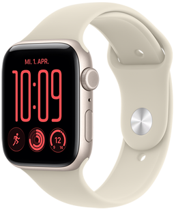 Apple Watch SE 3, Aluminiumgehäuse, Farbe Polarstern, Modular Zifferblatt, Komplikationen: Tag und Datum, Trainings, Aktivitätsringe, Temperatur, rechte Seitenansicht, Digital Crown, Seitentaste, Sportarmband, Farbe Sand