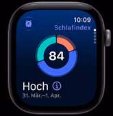 Apple Watch Series 12, Aluminiumgehäuse, Farbe Space Grau, Kreisdiagramm des Schlafindexes, rechte Seitenansicht, Digital Crown