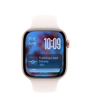 Apple Watch Series 11, toon roosa kuld, alumiiniumist korpus, Smart Stacki vihje, õrroosa Sport Band