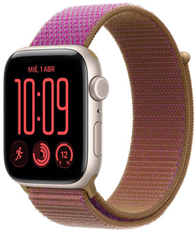 Apple Watch SE 3, aluminum case, starlight color, right side exterior, Digital Crown dial, microphone, side button, connected to Sport Loop band, magenta color, hook-and-loop fastener