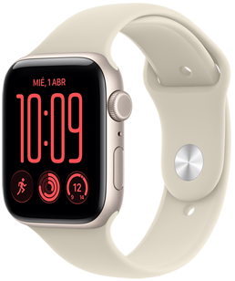 Apple Watch SE 3, aluminum case, starlight color, right side exterior, Digital Crown dial, microphone, side button, connected to Sport Band, sand color (pale tan), pin-and-tuck closure (silver pin)
