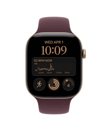 Apple Watch Series 12, caja de aluminio, color dorado claro, app Frecuencia Cardiaca, valor medio de la VFC de 72 ms, correa deportiva, color burdeos