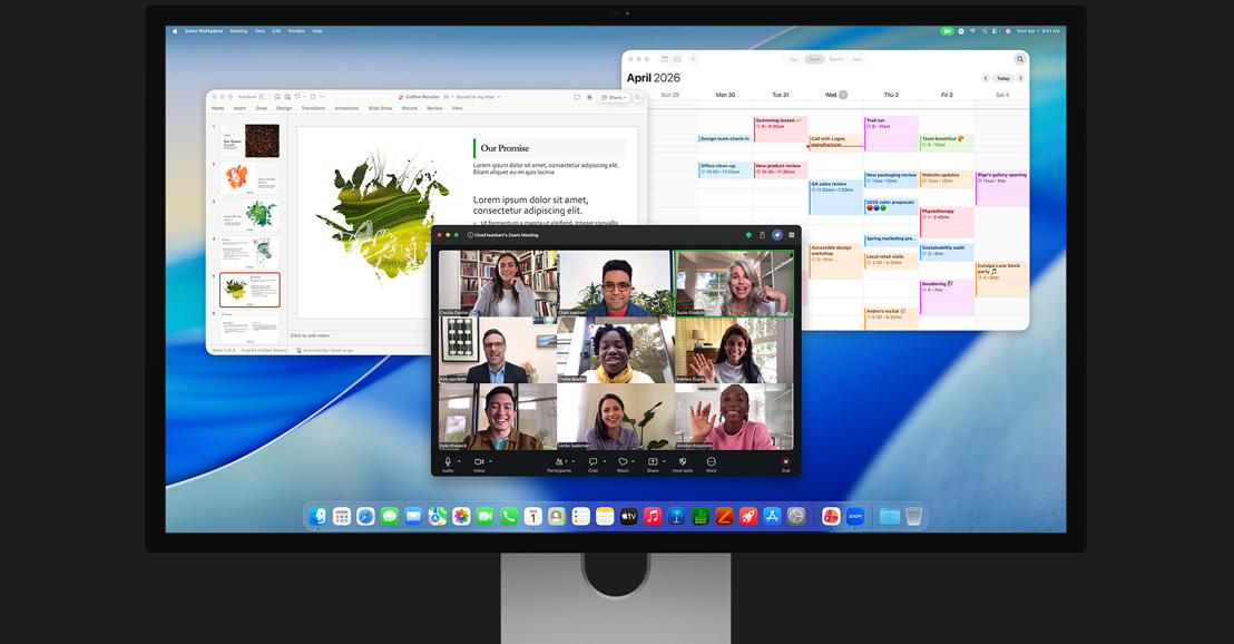 iMac, näytöllä on Zoom-videopuhelu usean osallistujan kesken, kalenteri ja taustalla avoinna oleva esitys