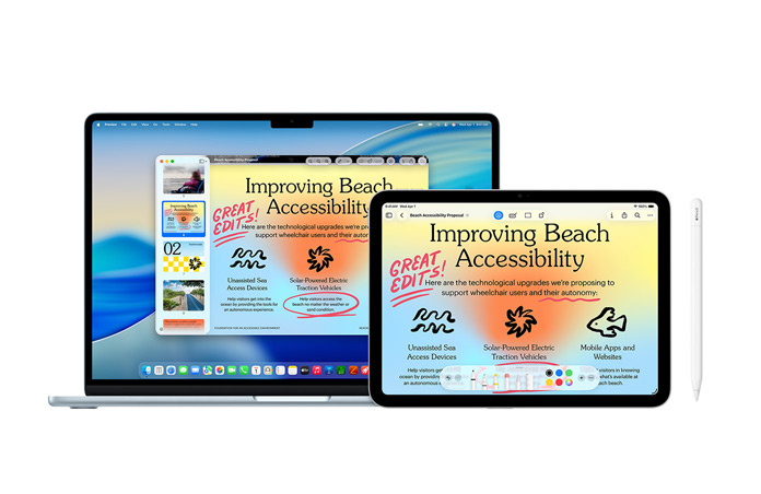 Mac og iPad viser den samme præsentation med røde Apple Pencil-markeringer for at vise kontinuitetsfunktionen på tværs af enheder, mens Apple Pencil vises forfra