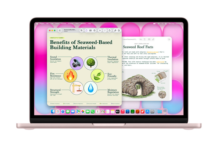 MacBook Neo avec les apps Pages et Notes ouvertes qui affichent des présentations sur les toits en algues, mettant en avant les performances