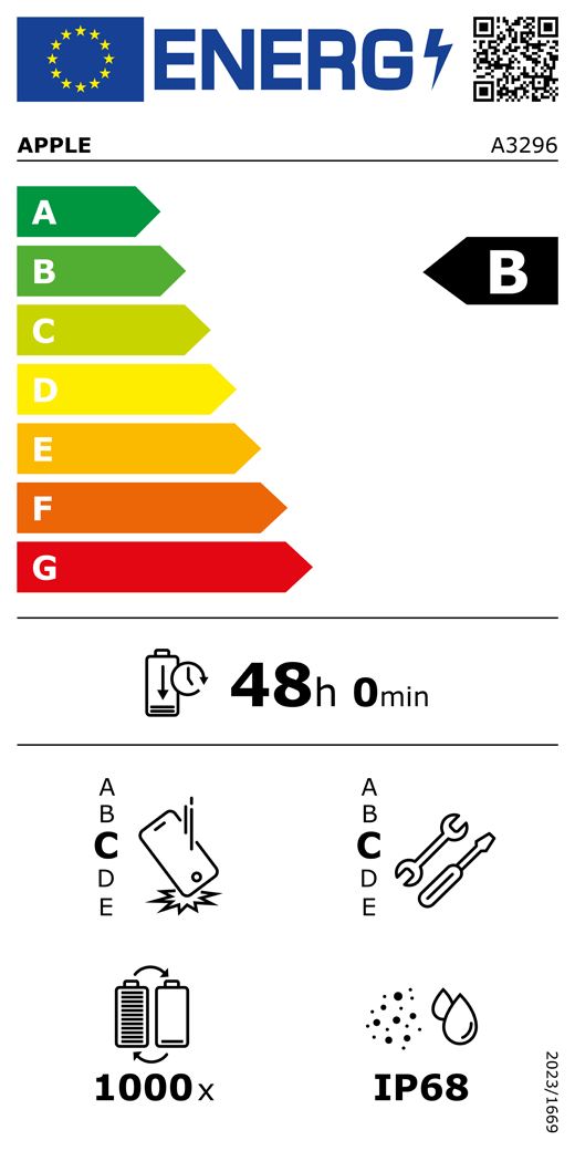 EU-Energielabel, QR Code und Informationen, Apple Modell A3296, Klasse B, Energieeffizienzklassen (auf einer Skala von A bis G), A (am effizientesten) bis G (am wenigsten effizient), Batterielaufzeit pro Zyklus, 48 Stunden und 0 Minuten pro voller Batterieladung, Sturzfestigkeit Klasse C für wiederholten freien Sturz, A (am robustesten) bis E (am wenigsten robust), Reparierbarkeit der Klasse C, A (am besten reparierbar) bis E (am wenigsten reparierbar), Batteriehaltbarkeit 1.000 Ladezyklen, Schutzart gegen Eindringen von Staub und Wasser (IP) IP68, Verordnung 2023/1669.