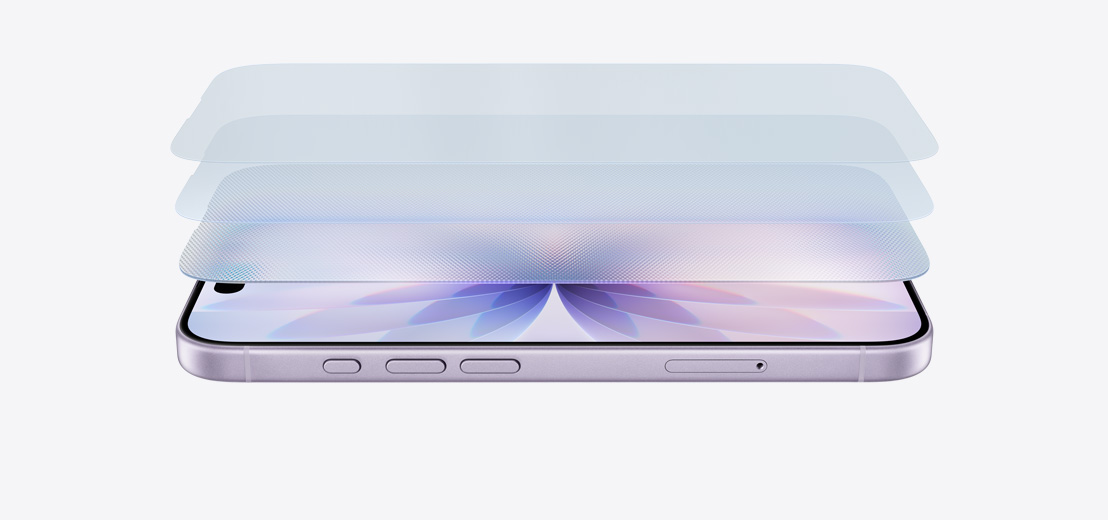Seitenansicht eines liegenden iPhone 17 in Lavendel mit einem mehrschichtigen Design, das den Ceramic Shield 2 zeigt