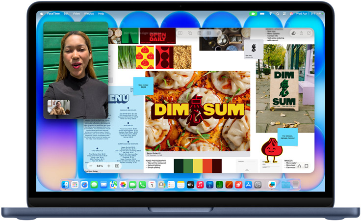 MacBook Neo i farven indigo med et igangværende videoopkald, et Freeform-vindue med en menu, billeder af mad og illustrationer til en dim sum-restaurant