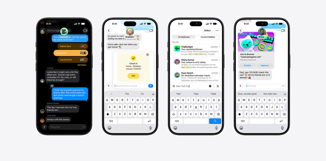 Four iPhone 18 Pro models, close-up front exteriors, each displaying various iOS features. From left to right, iPhone 18 Pro, screen displaying a team debrief being scheduled by Siri AI, iPhone 18 Pro, screen displaying the Siri App, grid of cards representing past interactions, featuring topics like “Healthy 30 Minute Recipes,” “Mexico City Largest Park” with an accompanying image, and “Social Media Launch Email”, iPhone 18 Pro, screen displays an active phone call with “Passenger Airways” with a Call Context card on the bottom of the screen with relevant flight confirmation details, including the booking code, route from JFK to RAK, and flight times, with a note indicating the information was “Found in Mail”, iPhone 18 Pro, screen displays a conversation with Siri AI, asking about the color of a tablecloth.