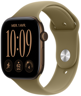 Apple Watch Series 12, boîtier en aluminium, bronze sombre, cadran Modulaire, complications : jour et date, Exercices, Fréquence cardiaque, Préparation, côté droit, Digital Crown, bouton latéral, Bracelet Sport, olive