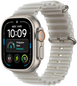 Apple Watch Ultra 4, boîtier en titane, finition naturelle, cadran Modulaire, complications : jour et date, préparation, fréquence cardiaque, exercice Course, Météo, côté droit, Digital Crown, bouton latéral en saillie, Bracelet Océan, gris translucide