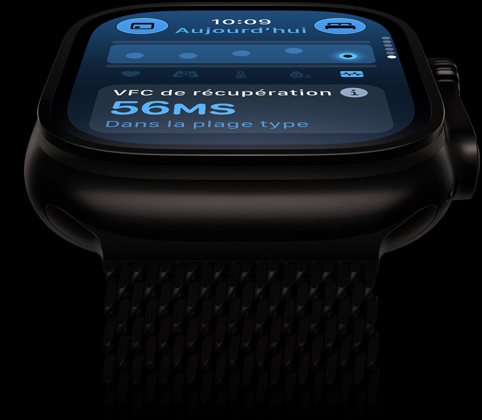 Apple Watch Ultra 4, titanium case, black color, HRV within typical range, titanium Milanese Loop band, black color